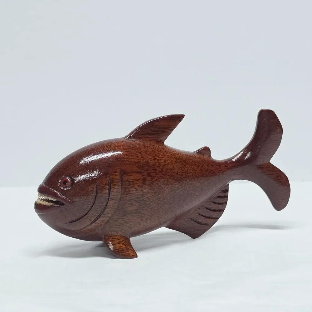 Piranha Vintage Hand Carved Wooden Figurine With Real Teeth